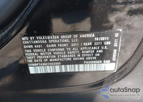 2012 Volkswagen Passat 2.5L Se from USA, damaged, VIN 1VWBP7A35CC022050